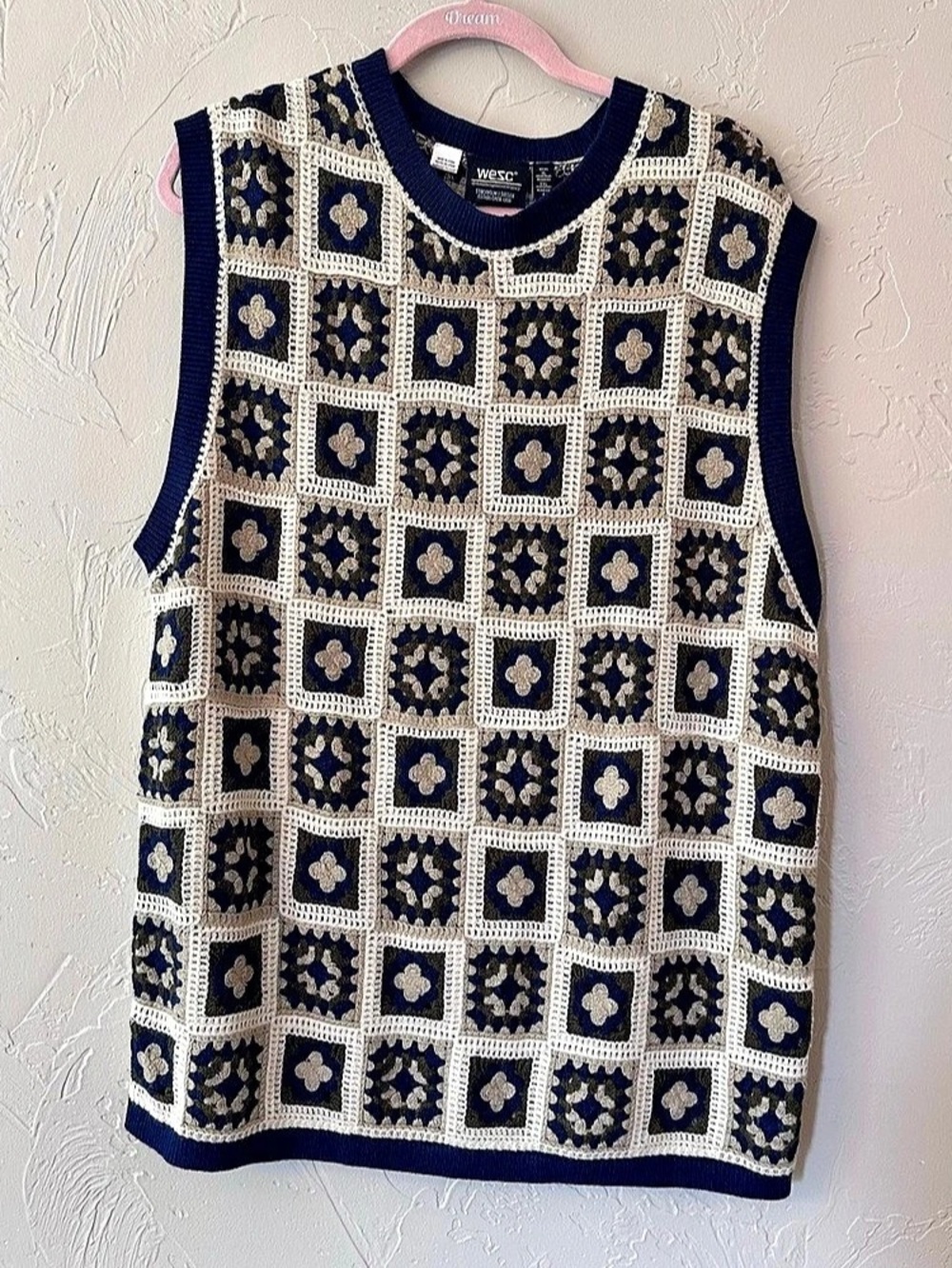 WESC Sleeveless Granny Square Sweater in Navy and Cream Size XL
